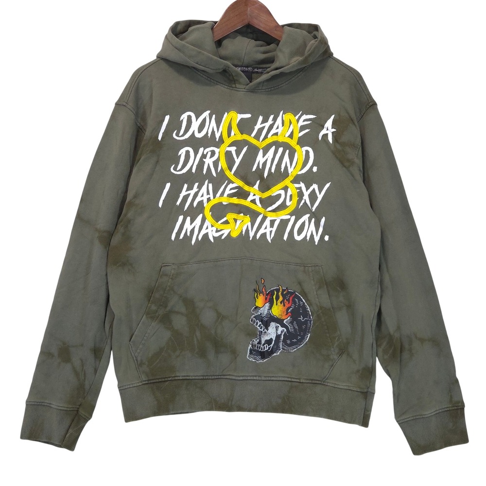 Tie Dye Graphic Skull Hoodie Mens S Olive Green Devil Heart Streetwear Switch
